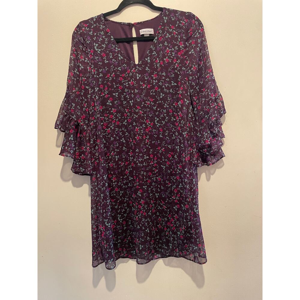 Calvin Klein flowy purple floral print bell sleeve whimsygoth fairy dress size 2
